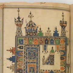 A pilgrim's guidebook page painted as a flat plan of the sanctuary at Mecca: the Kaaba at the center inside rows of arcades, with minarets, domes, and palm trees in bright blue, green, and gold.