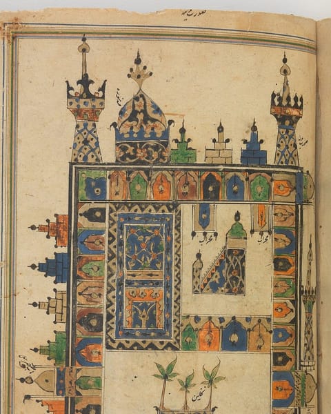 A pilgrim's guidebook page painted as a flat plan of the sanctuary at Mecca: the Kaaba at the center inside rows of arcades, with minarets, domes, and palm trees in bright blue, green, and gold.